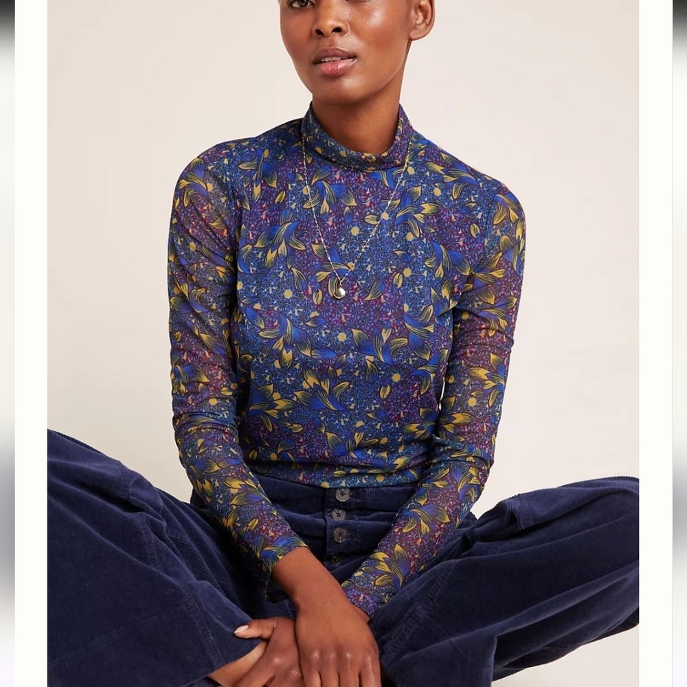 Anthropologie Blue and Yellow Floral Top